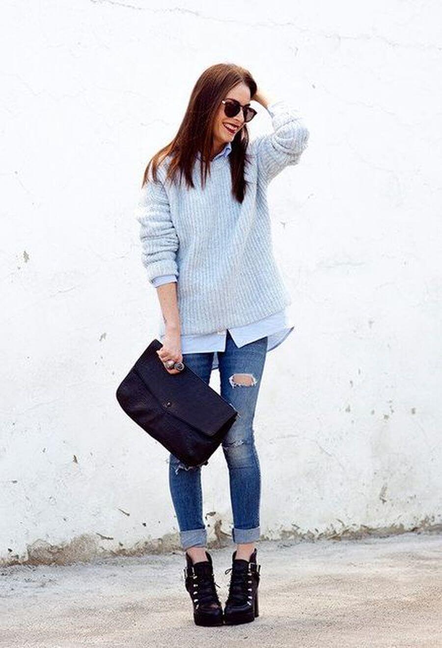 Как носить джинсы со свитером - модные луки с фото