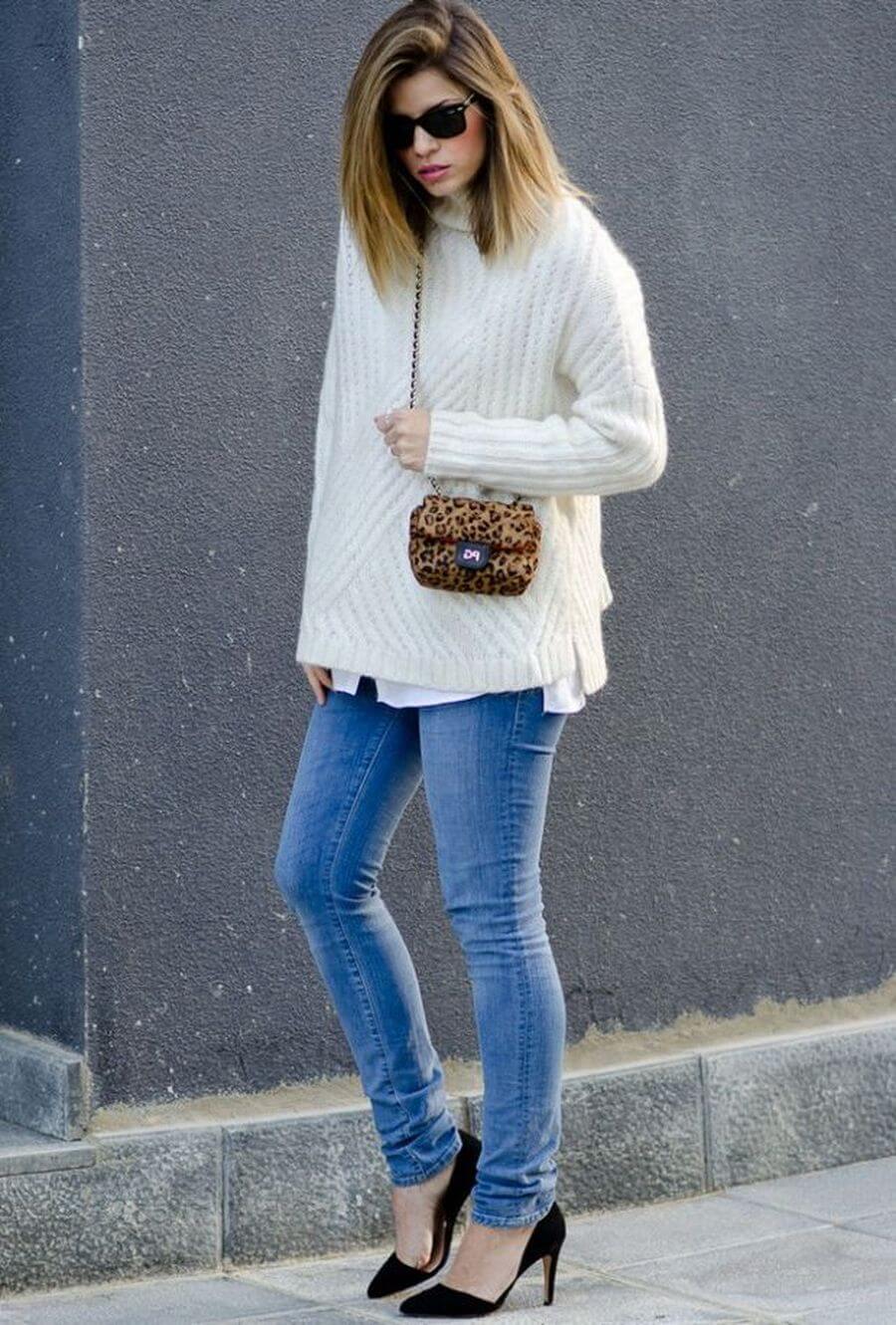Как носить джинсы со свитером - модные луки с фото