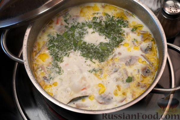 Сырный суп с цветной капустой и грибами